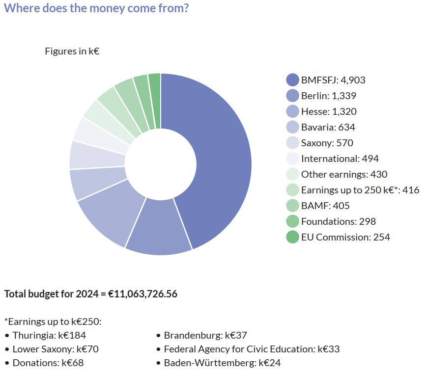Pie chart: Where does the money come from? Total budget in 2024 = 11,063,726.56 coming from (ink€)